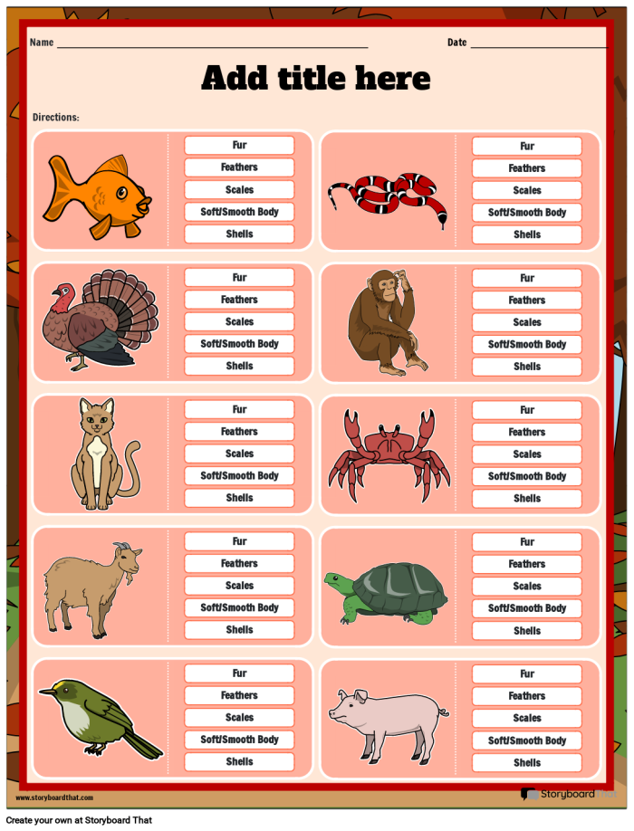 Colorful worksheet for first graders on animal body coverings featuring various animals. Educational resource for sorting animals by their different types of body coverings.