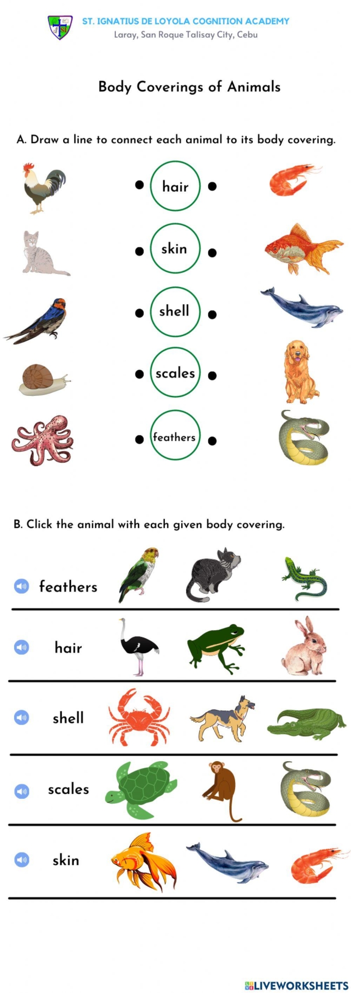 Kids sorting animals by their body coverings in a life science worksheet