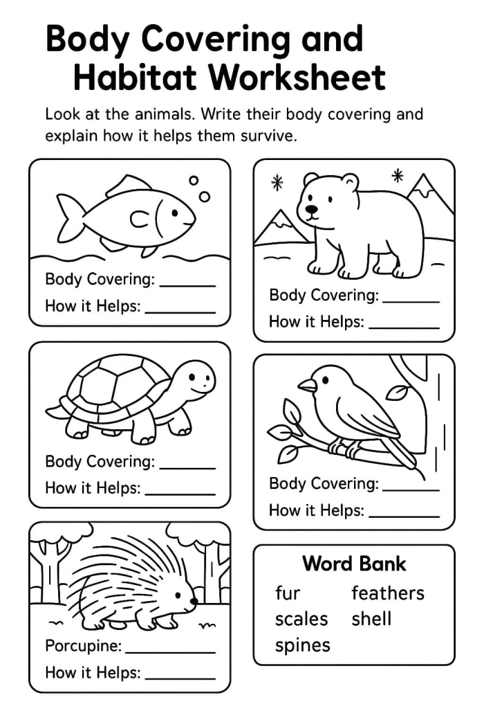 Colorful worksheet illustrating various animal body coverings for first graders