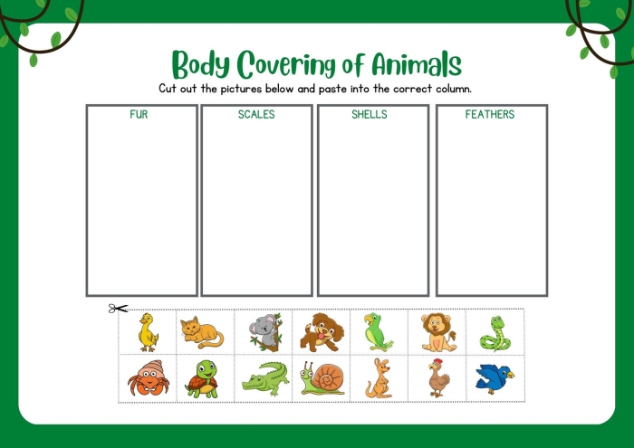 Worksheet illustrating various animal body coverings for first graders