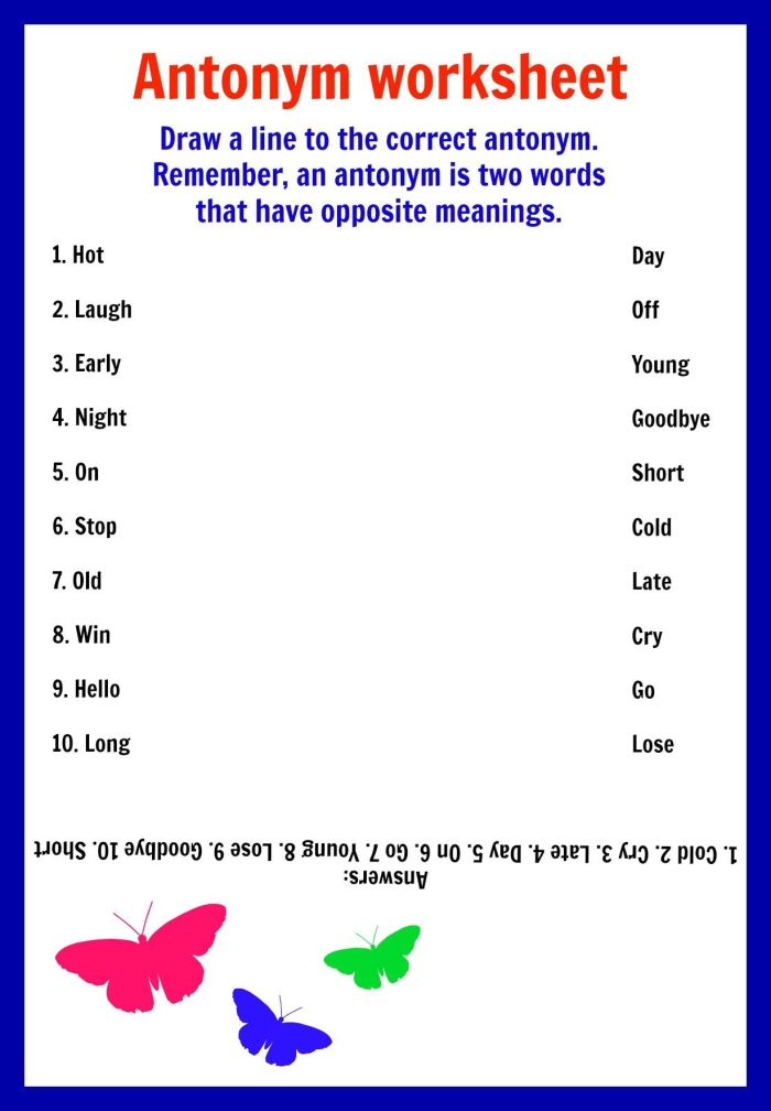 First grade vocabulary builder worksheet with antonym matching activity