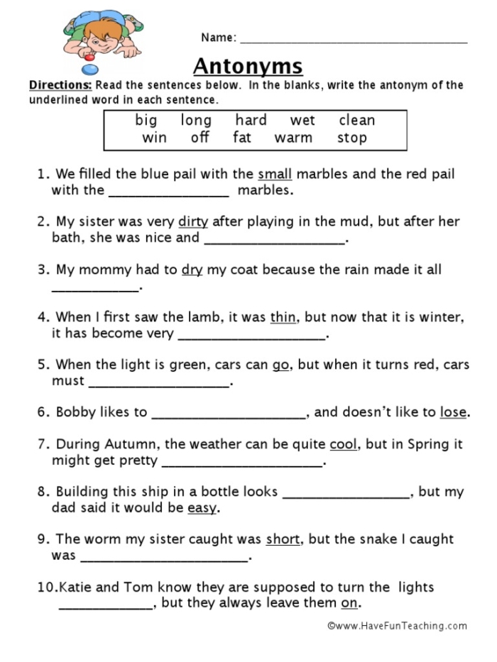 First Grade Vocabulary Builder worksheet matching words to their antonyms for enhanced reading skills