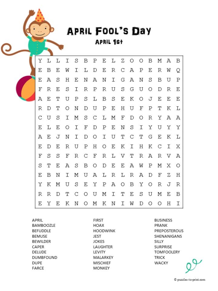 First grade students enjoying a silly April Fools' Day word search activity with wacky hidden words to find