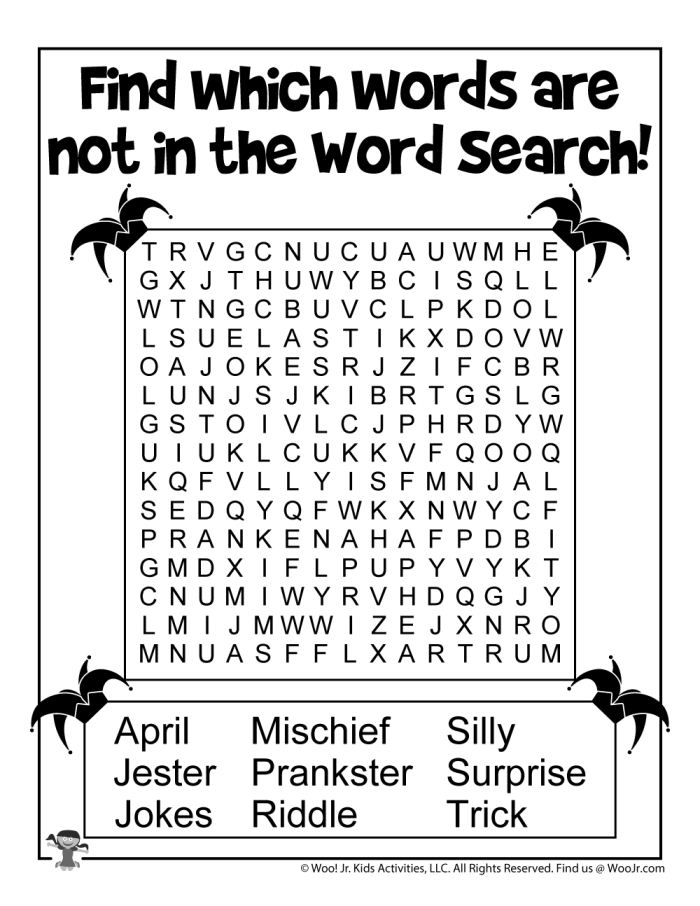 First Grade April Fools' Day Word Search activity with silly hidden words for kids to find