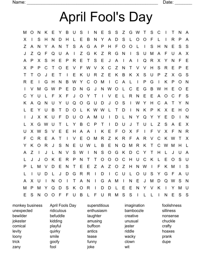 First grade April Fools' Day word search worksheet with silly hidden words for kids to find