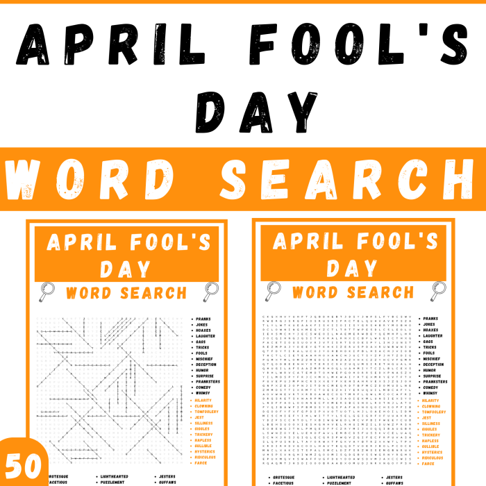 First grade April Fools' Day word search worksheet with silly hidden words for kids to find