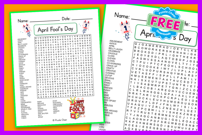 First grade April Fools' Day word search worksheet with silly hidden words for kids to find