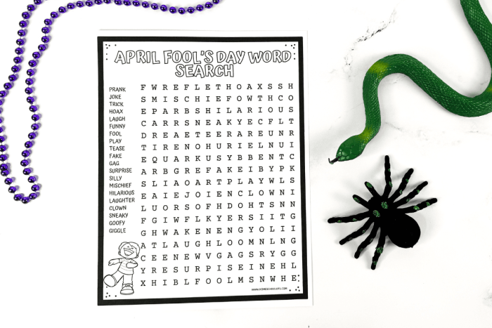 First grade students enjoy a silly April Fools' Day word search activity with hidden words to find among wacky letters