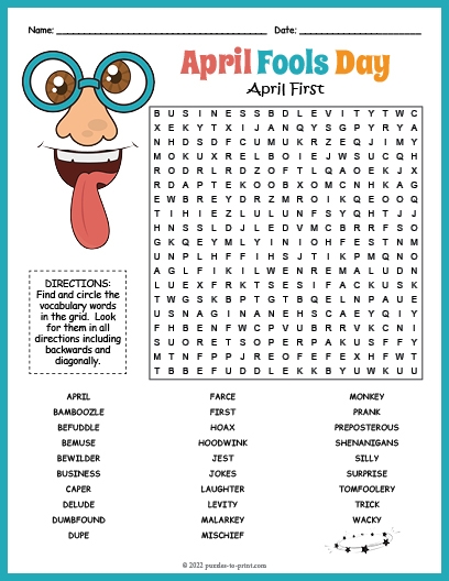 First grade April Fools' Day word search worksheet with silly hidden words and playful illustrations