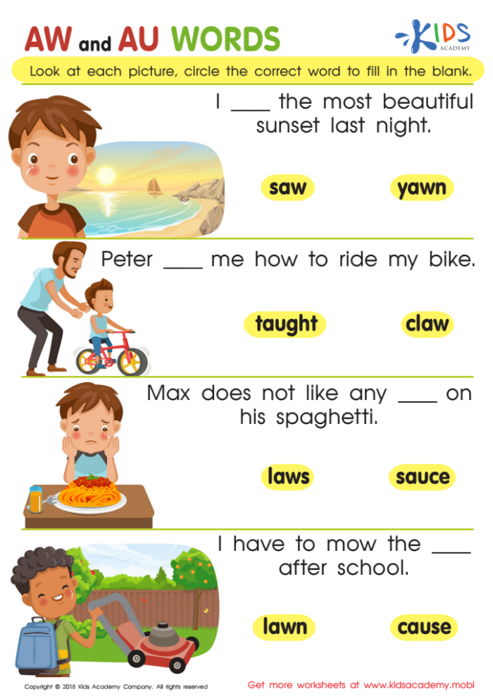 First grade student practicing AW vowel diphthongs on a phonics worksheet
