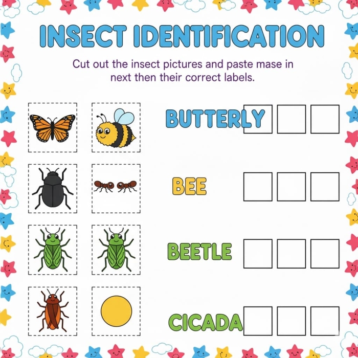 Engaging Bug and Spider Identification activity for handwriting practice in first grade Colorful worksheet featuring common bugs and spiders for first graders to identify and learn about