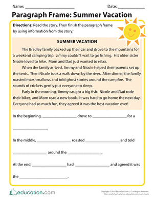 Summer Vacation Paragraph Frame worksheet for first graders to summarize a family trip First Grade Summer Vacation worksheet with a paragraph frame for retelling a camping story