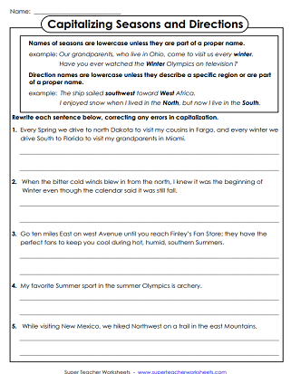 Correct the Capitalization Worksheet 17 for Beginning Writers First grade student worksheet showing sentences that need capitalization corrections with blank lines for answers