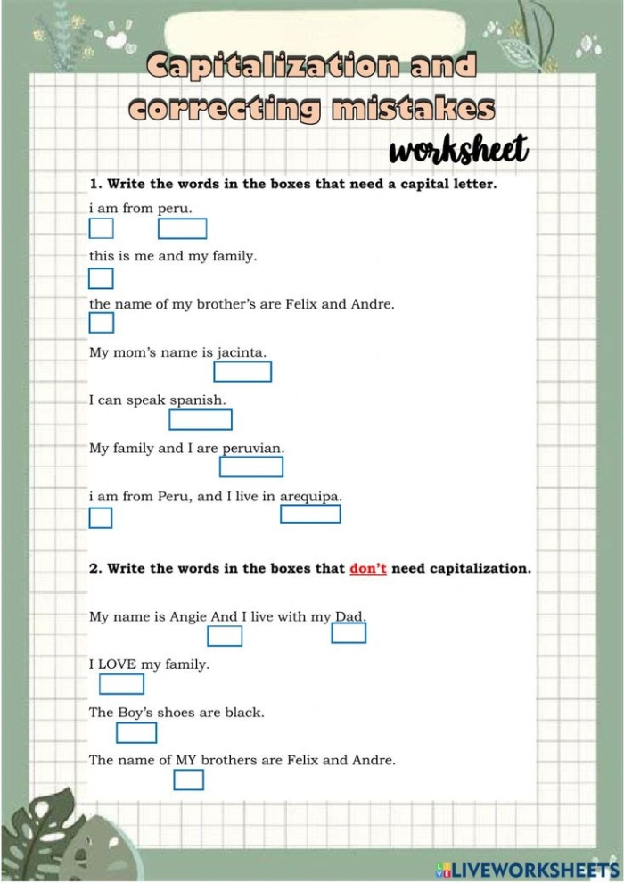 Correct the Capitalization Grammar Worksheet for Young Learners 23 First grade student worksheet showing sentences that need capitalization corrections with blank lines for answers