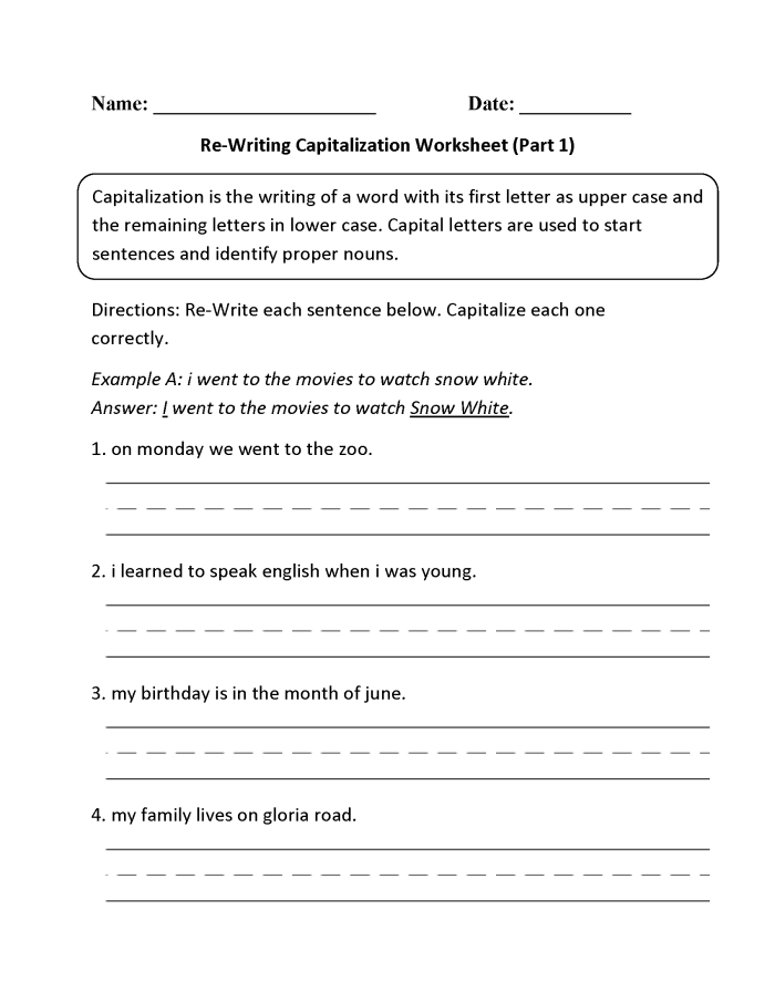 Capitalization Practice Exercise for Early Writers First grade student worksheet showing sentences that need capitalization corrections with lowercase letters at the beginning