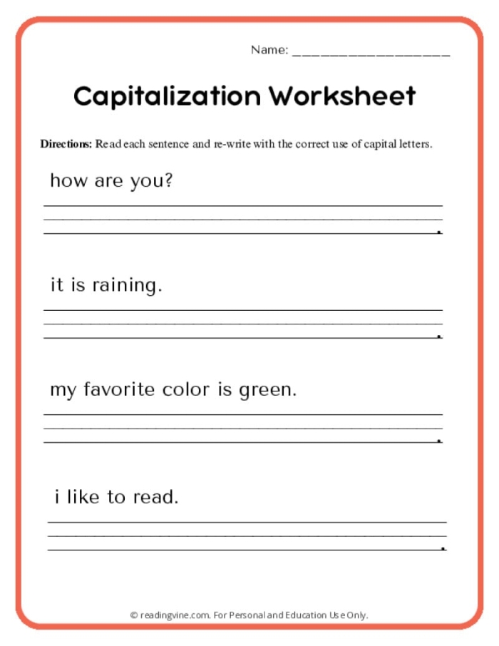 Correct the Capitalization Grammar Worksheet for First Grade Students First grade student worksheet showing sentences with lowercase letters that need to be corrected to proper capitalization at the beginning of each sentence