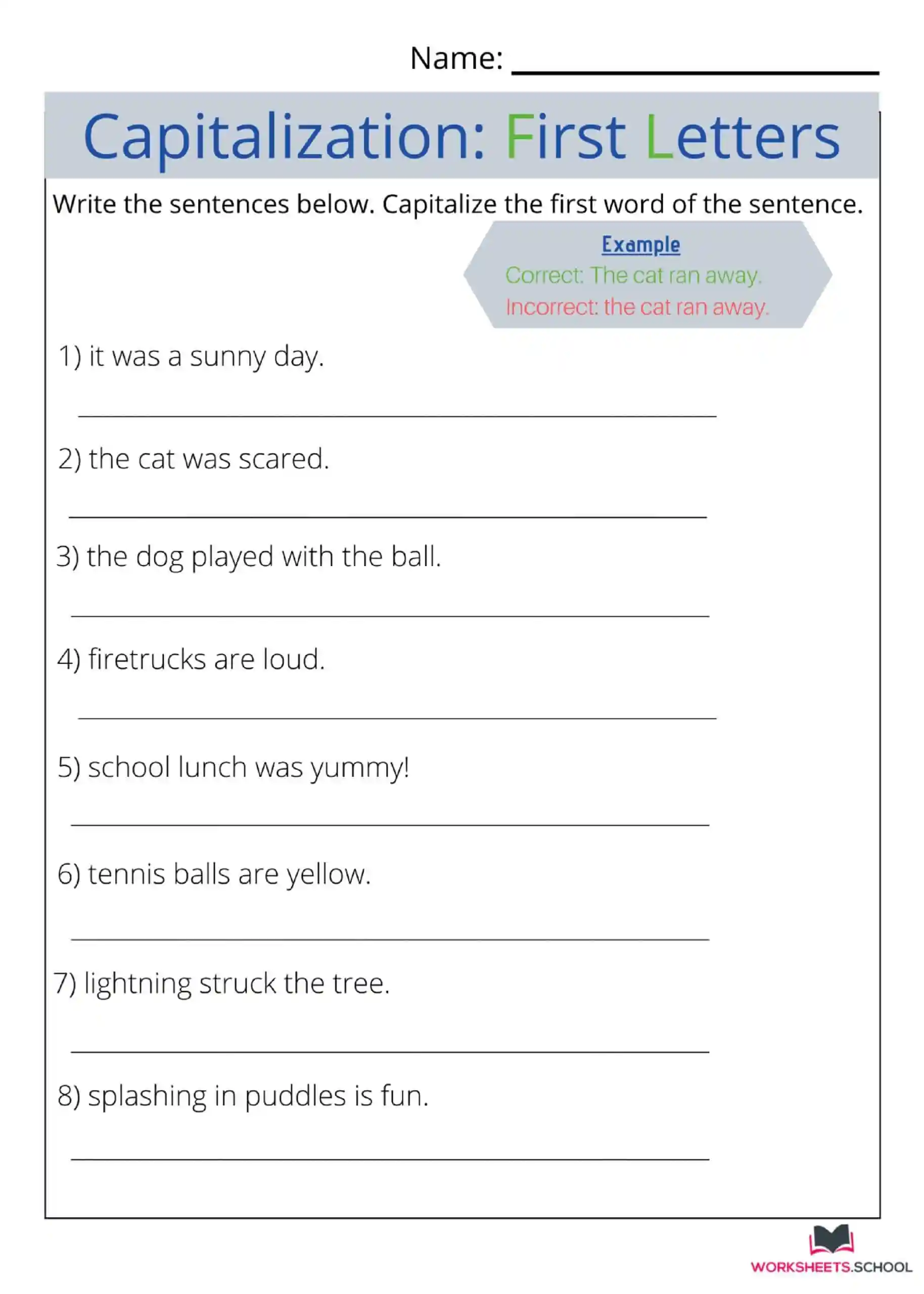Capitalization Practice Activity for Early Writers Grade 1 First grade student worksheet with sentences requiring capitalization corrections and practice exercises