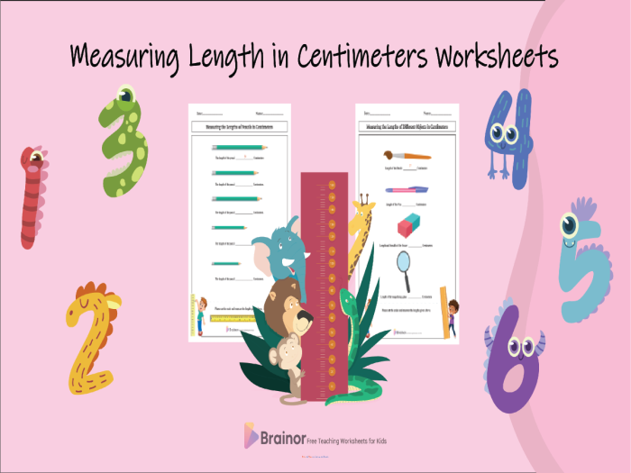 Colorful Measuring Length in Centimeters worksheet for young learners in Civics and Government class First Grade student practicing measuring objects in centimeters on a colorful worksheet