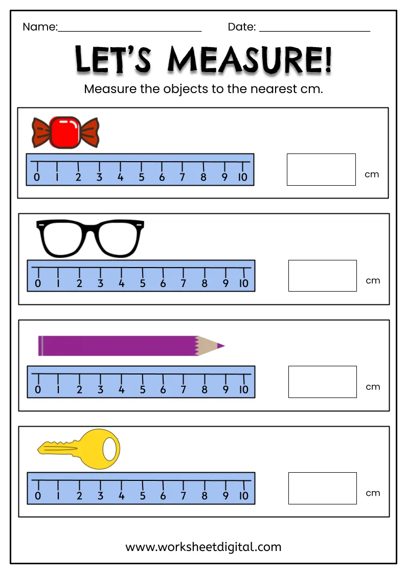 Colorful first grade worksheet for practicing length measurement in centimeters First Grade Civics worksheet on measuring length using a colorful centimeter ruler