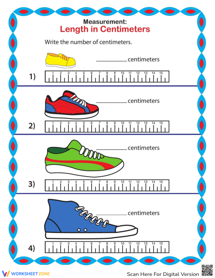 First grader measuring sneaker length in centimeters on a worksheet