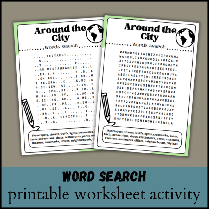 First Grade subtraction worksheet featuring a cities word search to challenge young learners