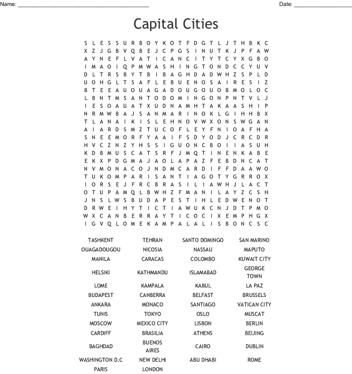 First Grade subtraction worksheet featuring a U.S. cities word search puzzle