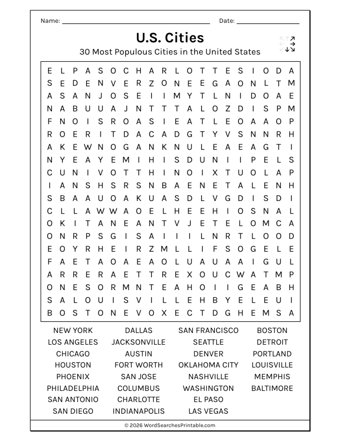 First Grade subtraction worksheet featuring a word search with names of U.S. cities for young learners