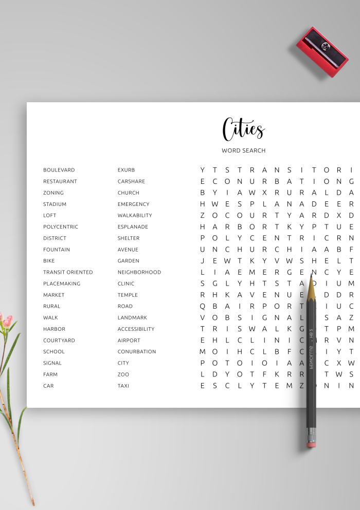 First Grade subtraction Cities Word Search worksheet featuring U.S. cities for kids