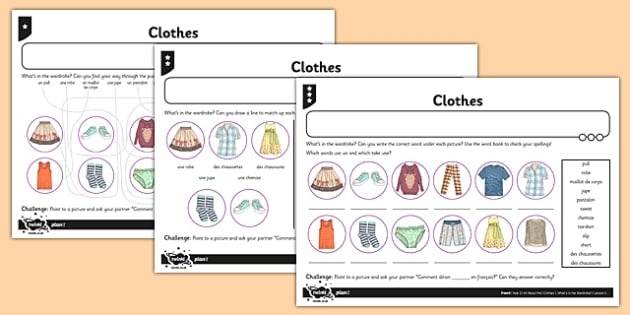 Educational image showcasing basic clothing terms in French for first graders Colorful worksheet featuring French clothing vocabulary for kids