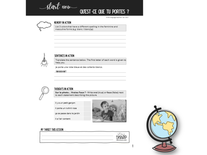 Fun clothes in French worksheet helping kids learn basic clothing terms Worksheet featuring French vocabulary for clothing items suitable for first graders