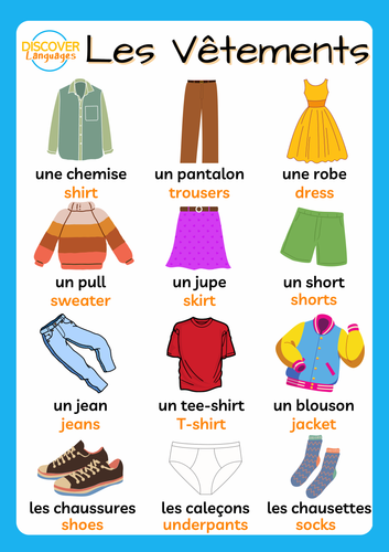 Engaging learning resource for teaching basic clothing words in French Colorful worksheet featuring French clothing vocabulary for first graders