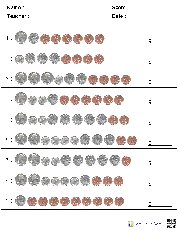 Learning to Count Coins Worksheet for First Grade Students Image of a colorful counting coins worksheet designed for first graders to practice adding coin values