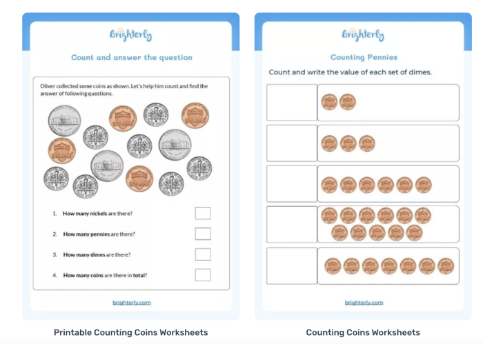Grammar and Mechanics worksheet for First Grade Image of a colorful worksheet for counting coins aimed at first graders. Engaging activity to help children learn to add coin values and calculate prices.
