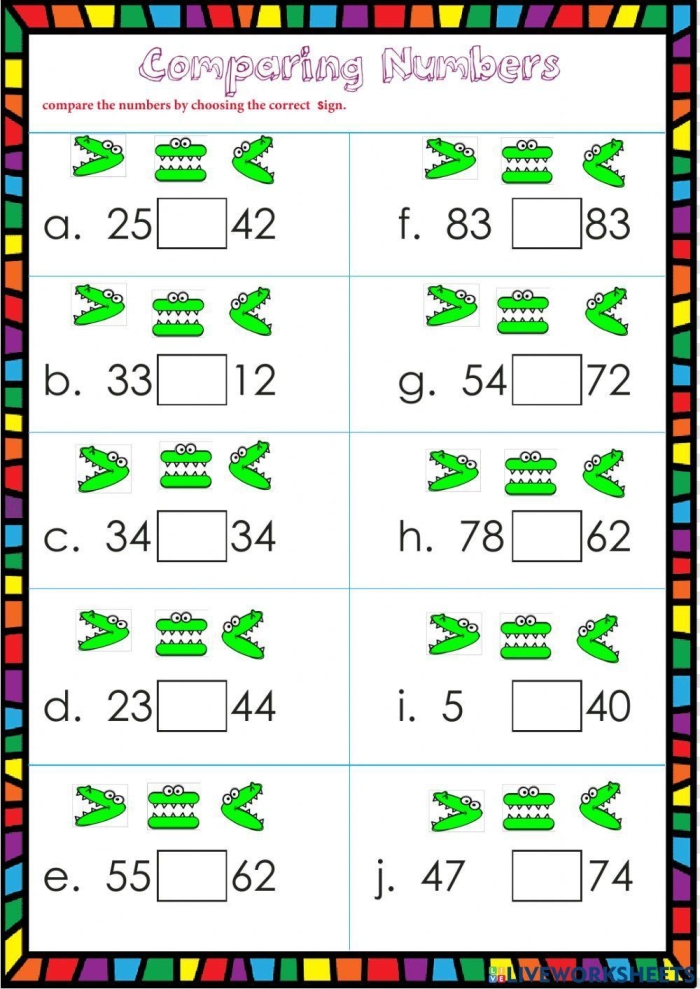 Number comparison practice sheet for young learners image 23 First Grade number comparison worksheet with greater than and less than signs