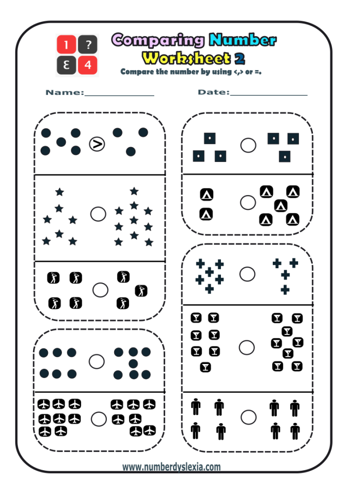 Number comparison practice sheet for young learners in grade one First Grade number comparison worksheet with greater than and less than signs