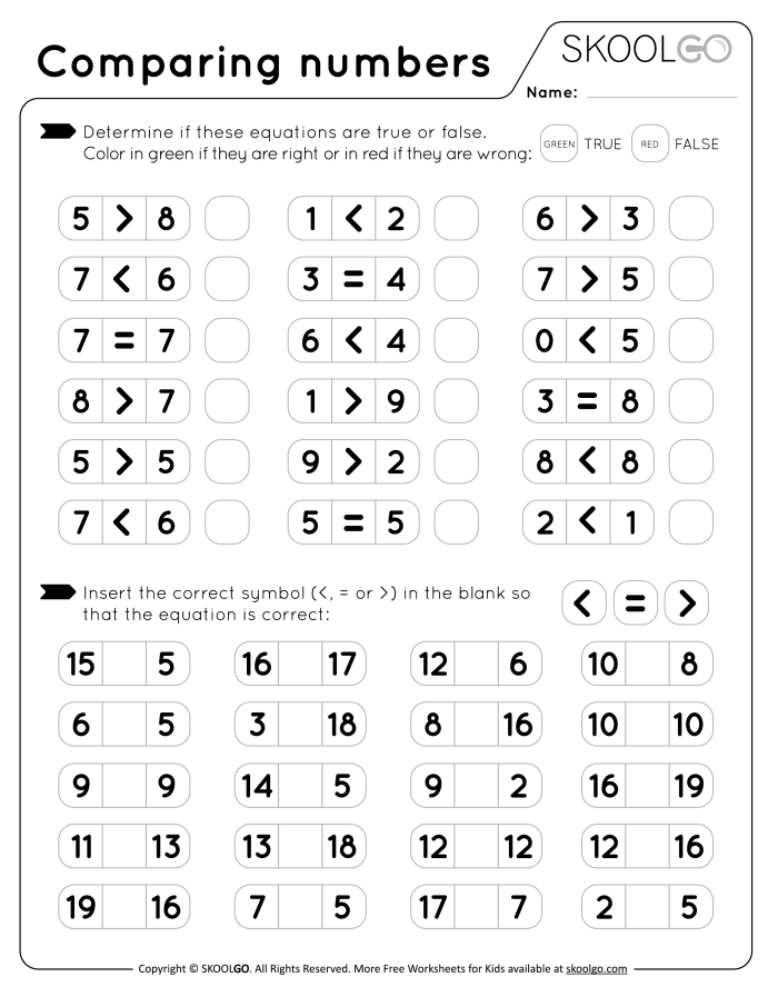 Number comparison practice sheet for young learners in first grade First Grade number comparison worksheet practicing greater than and less than signs