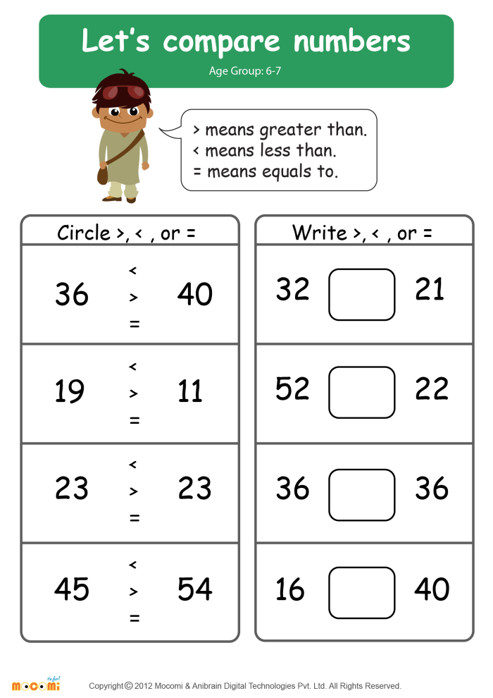 Number comparison exercise for first graders focusing on number symbols and counting skills First Grade number comparison worksheet practicing greater than and less than signs