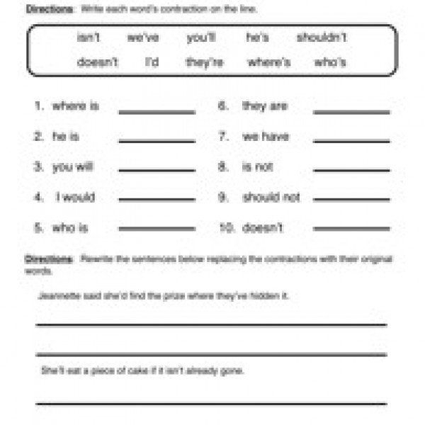 Assessment worksheet for checking familiarity with common contractions in first grade First Grade student practicing reading contractions on a worksheet