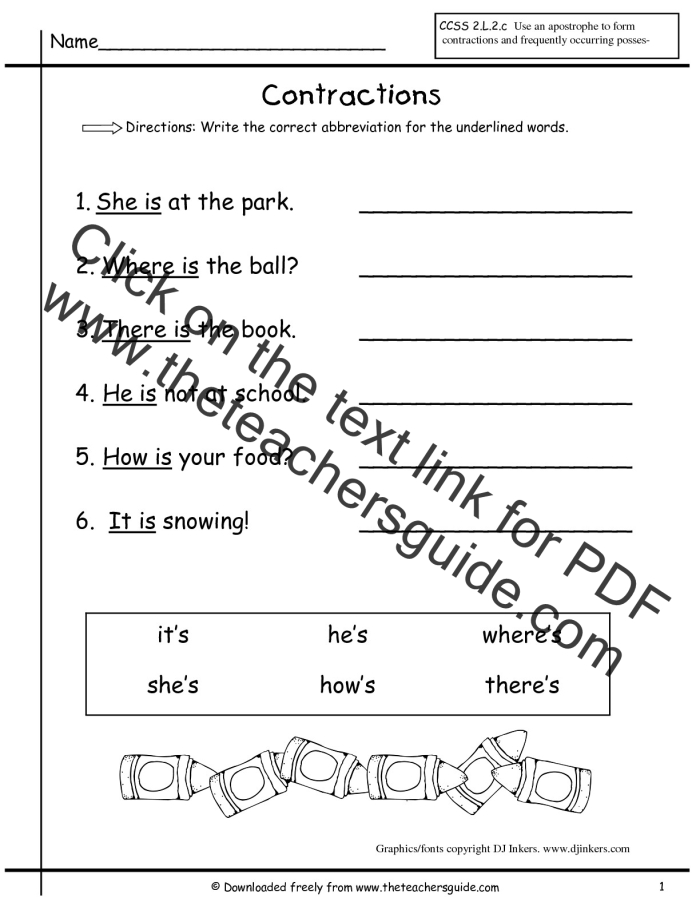 Assessment worksheet for first graders focusing on reading and understanding contractions 24 First Grade student working on a reading contractions worksheet to practice common contractions