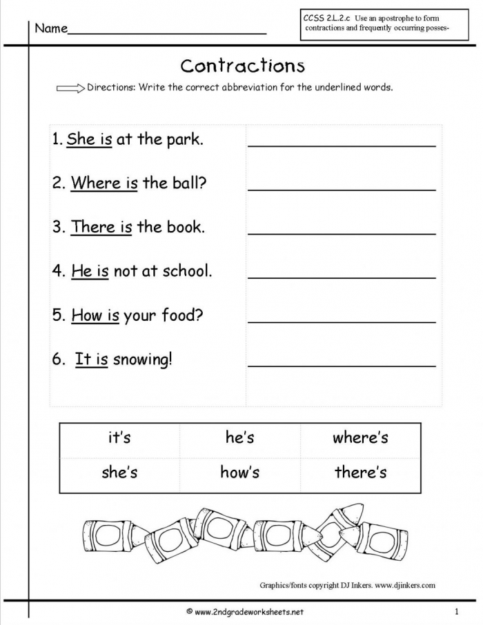 Assessment worksheet for checking understanding of common contractions in first grade reading First Grade student practicing reading contractions on a worksheet