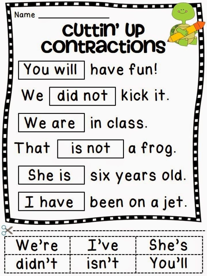 Assessment worksheet for first grade students on reading contractions skills 15 First graders working on a Reading Contractions worksheet to practice common contractions
