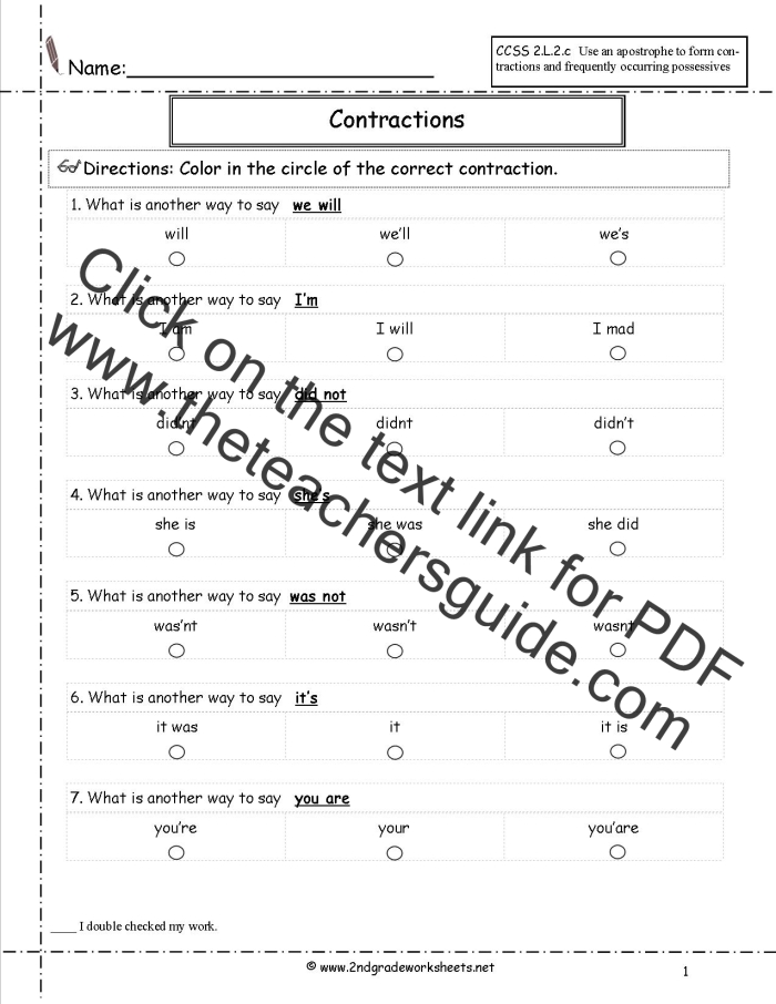 Reading Contractions assessment for first graders, image 12 First Grade student practicing reading contractions on a worksheet