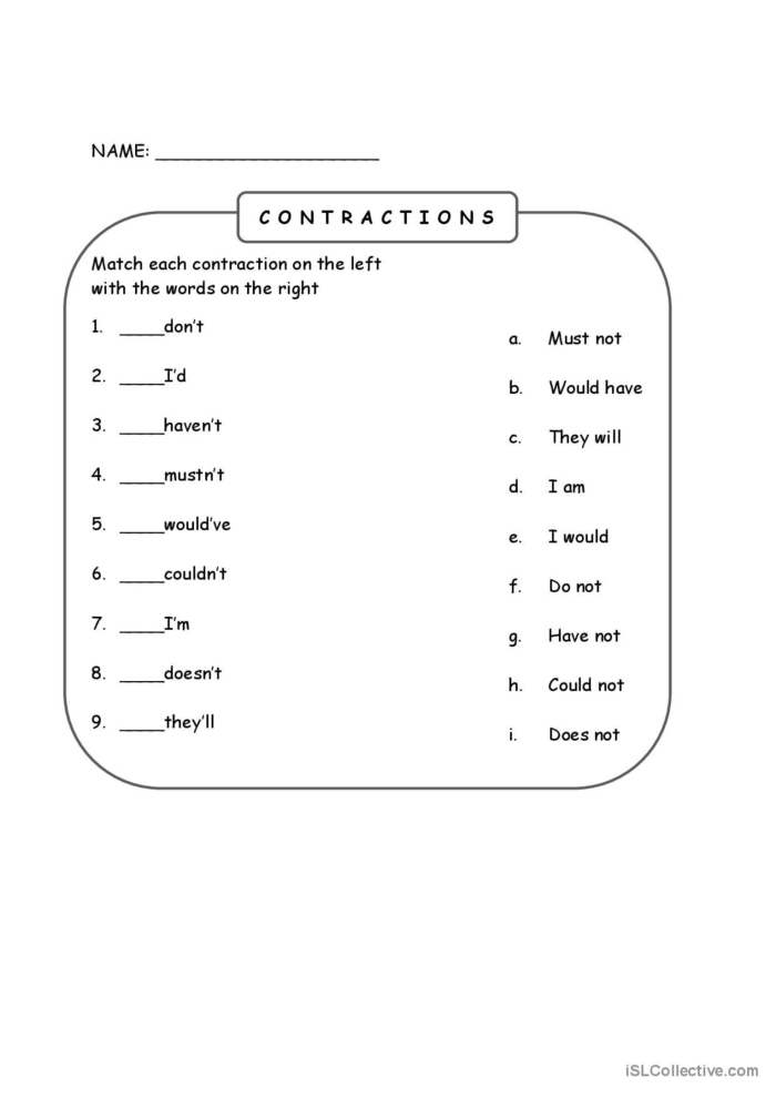 Fun and Easy Printable Reading Contractions Worksheets for First Grade