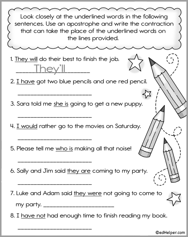Assessment worksheet for first graders reading and understanding contractions First grade student practicing reading contractions on a worksheet