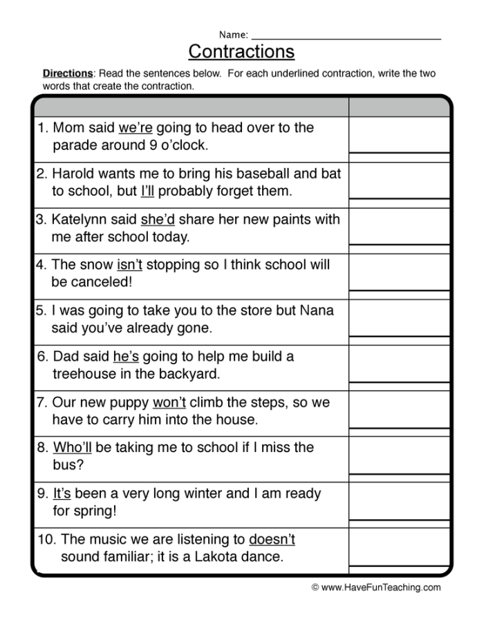Assessment sheet for evaluating first graders' understanding of contractions First Grade student practicing reading contractions on a worksheet