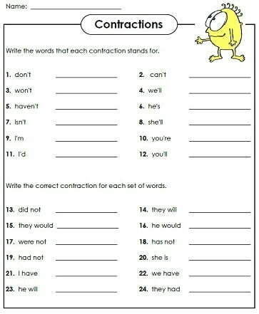 Assessment worksheet for checking first graders' skills with contractions, image 7 First Grade student practicing common contractions on a reading worksheet