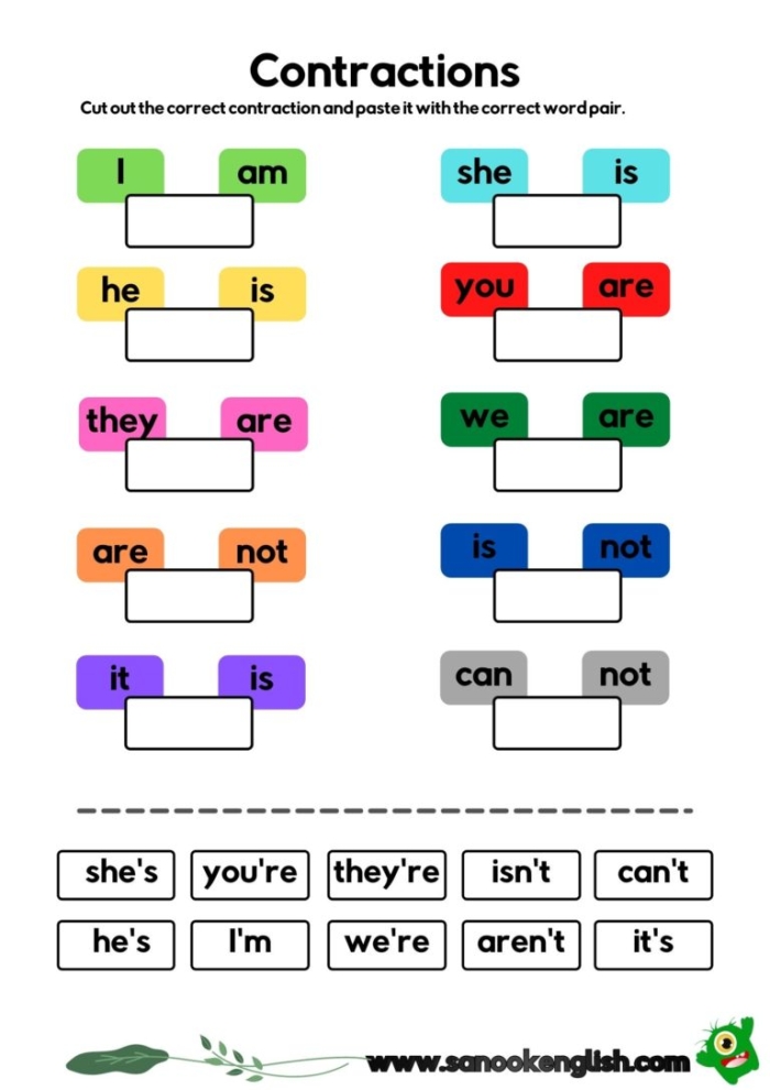 First Graders working on contraction reading skills with worksheet number 16 First Grade student practicing reading contractions on a worksheet