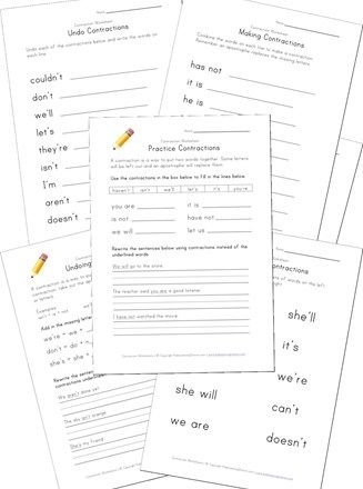 Assessment worksheet for checking understanding of common contractions in reading skills First Grade student practicing reading contractions on a worksheet