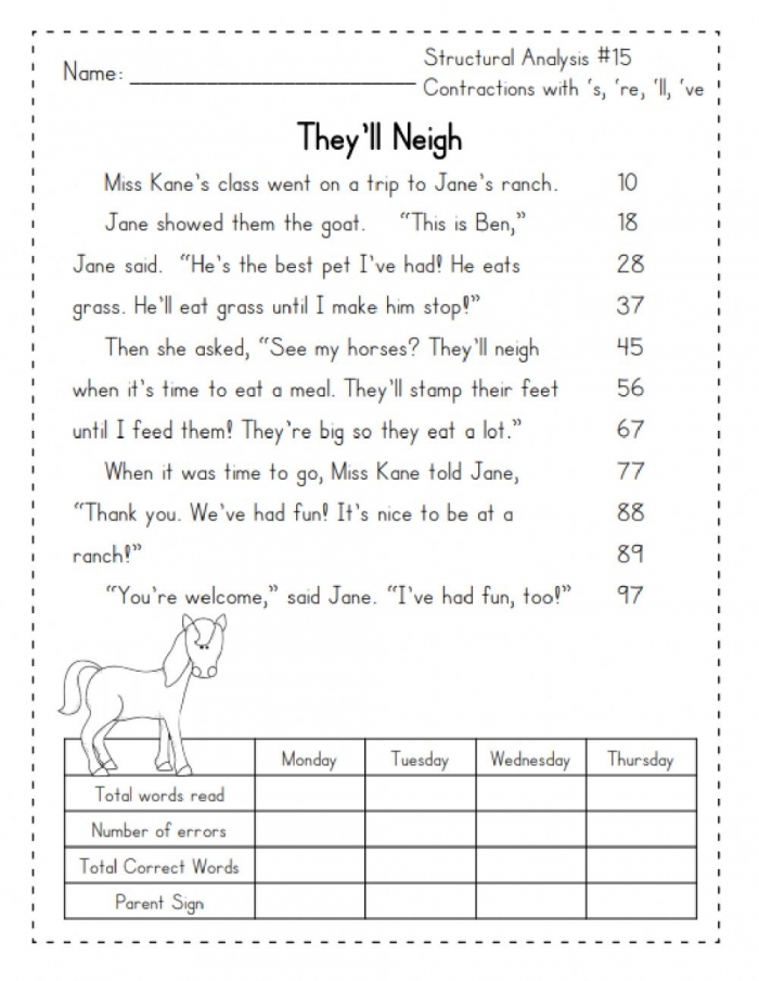 Assessment worksheet for first graders focusing on reading and understanding contractions, image 23 First Grade student completing a reading contractions worksheet to practice common contractions