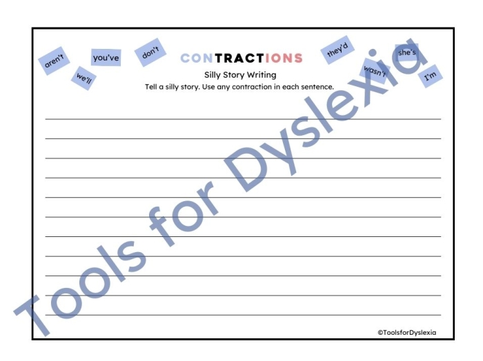 Assessment worksheet for checking first graders' skills with common contractions First grade student practicing reading contractions on a worksheet